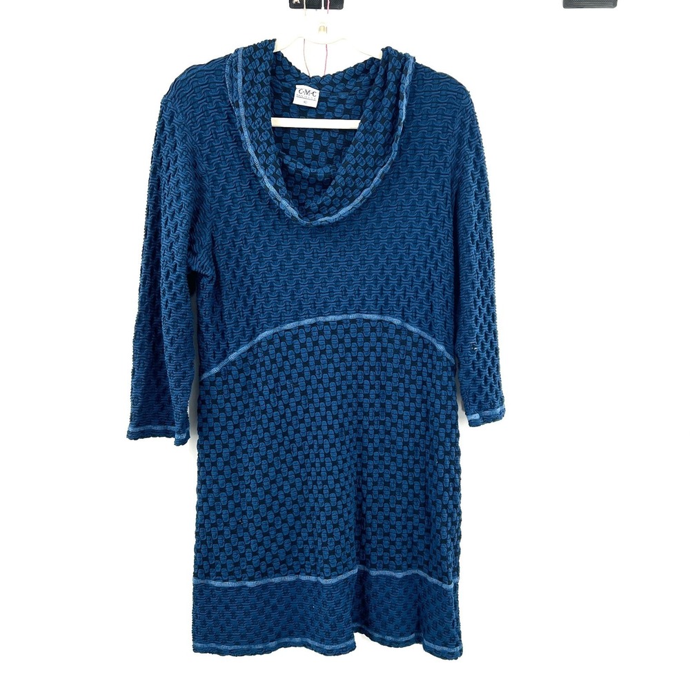 C.M.C. made in USA lagenlook boho cowl neck dress blue stretch textured‎ tunic L